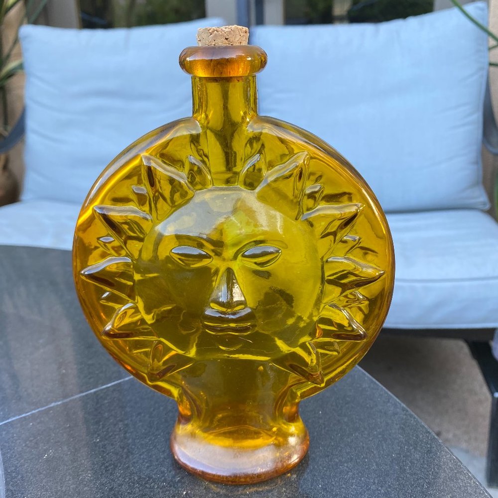 Vintage yellow sun glass bottle bud vase sun face 70s bohemian boho decor Cork
